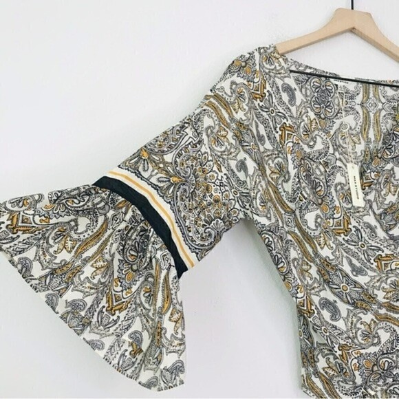 New! Max Studio Bohemian Floral Paisley Wrap Bell Sleeve Blouse Top - Picture 3 of 8
